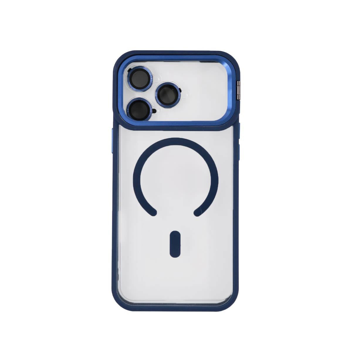uniaks585-1 iPhone 16 Pro Uyumlu MagSafe Özellikli Standlı Kamera Lens Koruyuculu Şeffaf Pass-1 Silikon Kılıf Mavi - Görsel 1