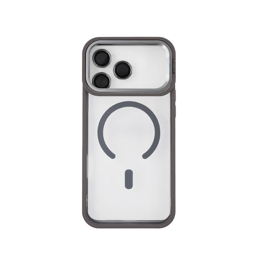 uniaks586-1 iPhone 16 Pro Uyumlu MagSafe Özellikli Standlı Kamera Lens Koruyuculu Şeffaf Pass-1 Silikon Kılıf Titanyum - Görsel 1