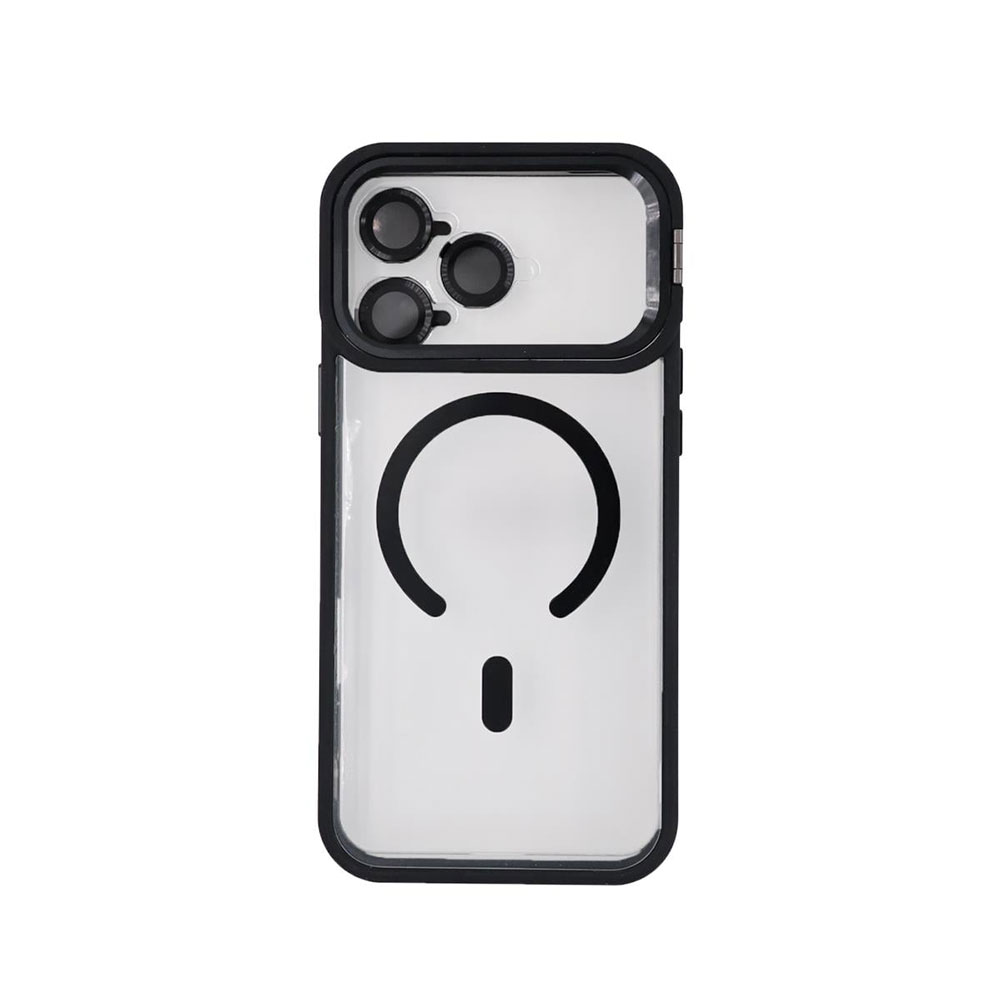 uniaks587-1 iPhone 16 Pro Uyumlu MagSafe Özellikli Standlı Kamera Lens Koruyuculu Şeffaf Pass-1 Silikon Kılıf Siyah - Görsel 1