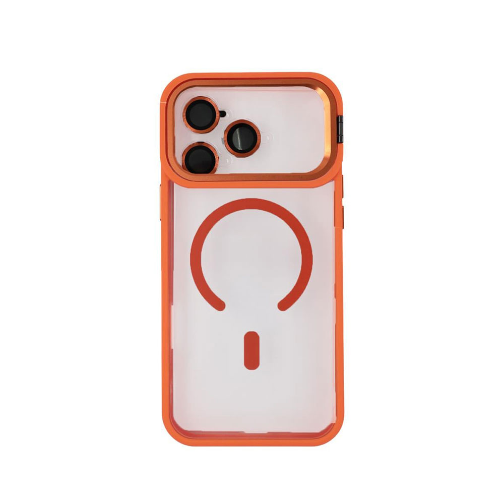 uniaks588-1 iPhone 17 Pro Uyumlu MagSafe Özellikli Standlı Kamera Lens Koruyuculu Şeffaf Pass-1 Silikon Kılıf Turuncu - Görsel 1